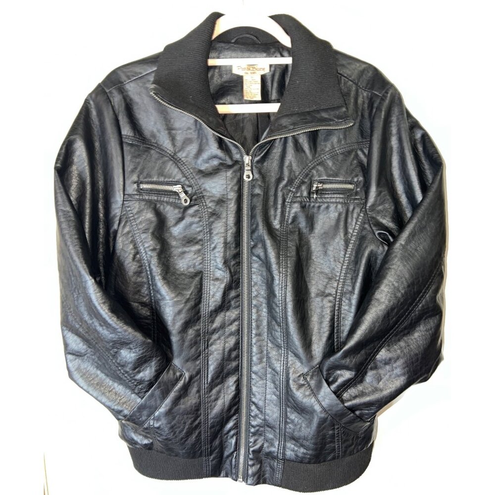 Paris Blues Womens Black Faux Leather Bomber Jacket 1X With Zipper Front & Ribbe